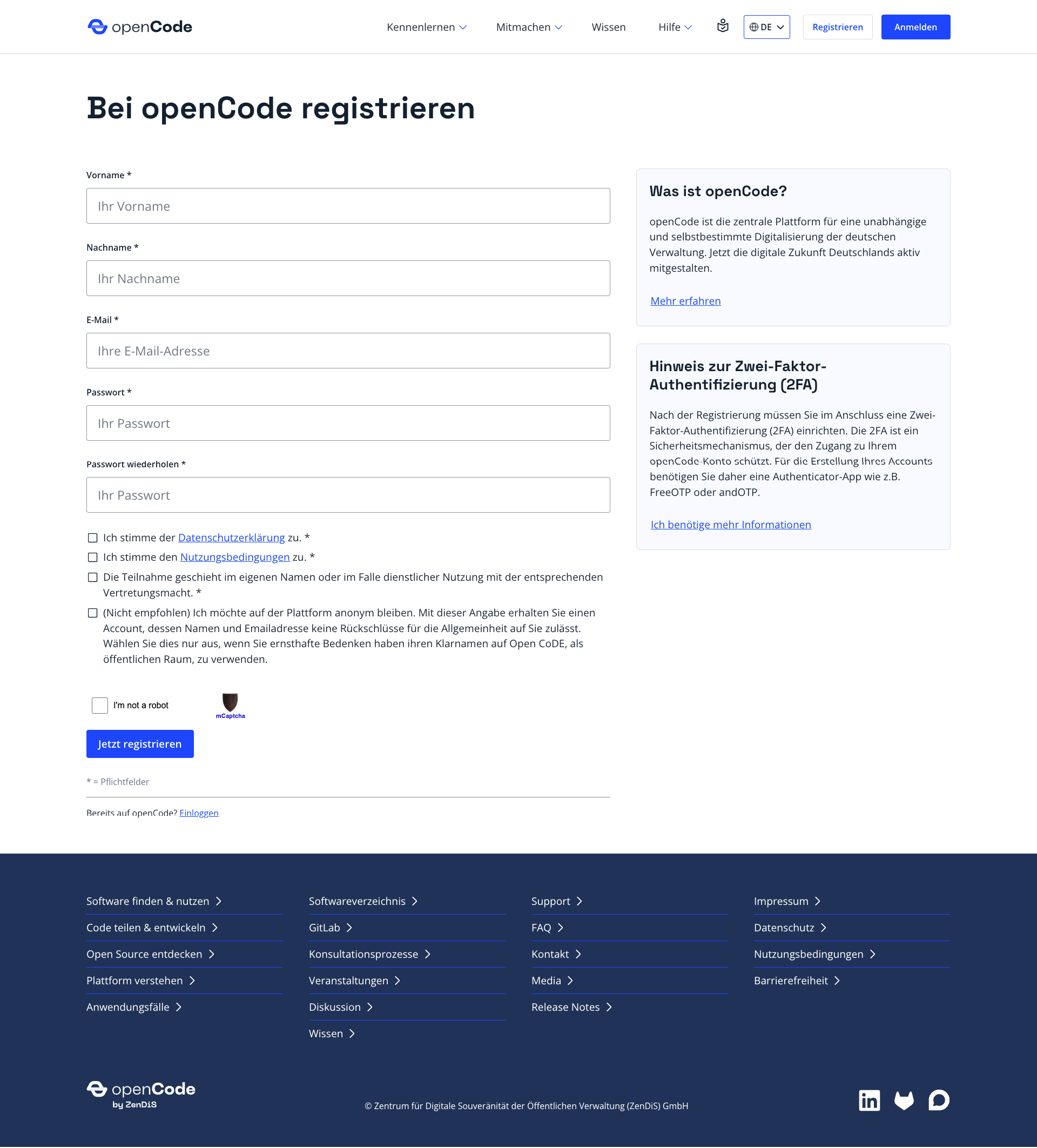 openCode-Registrierung openCode-Dashboard